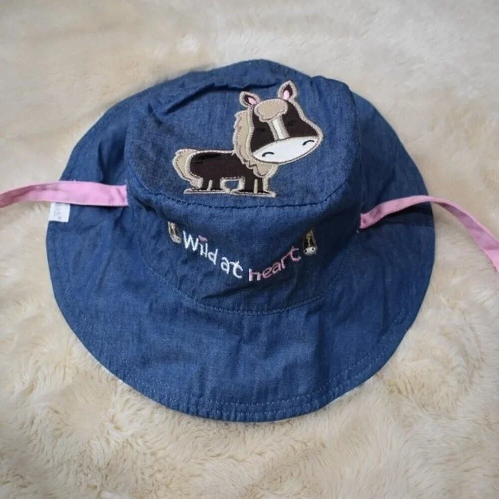 Girls Horse Reversable Bucket Hat Pink Blue Summer Beach Sun Cap